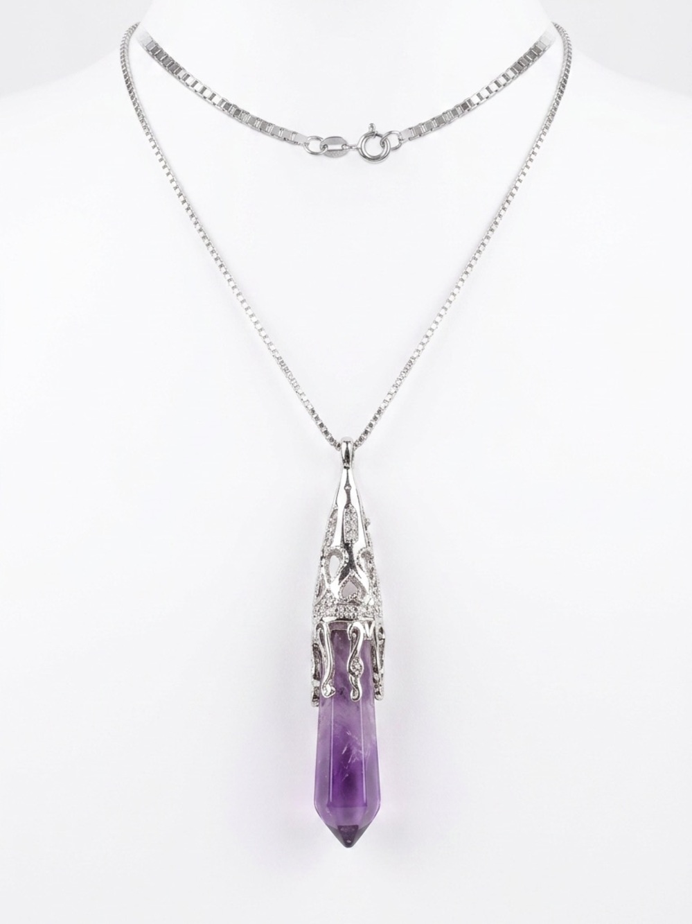 Boho hippie Amethyst Sterling Silver 16” Necklace